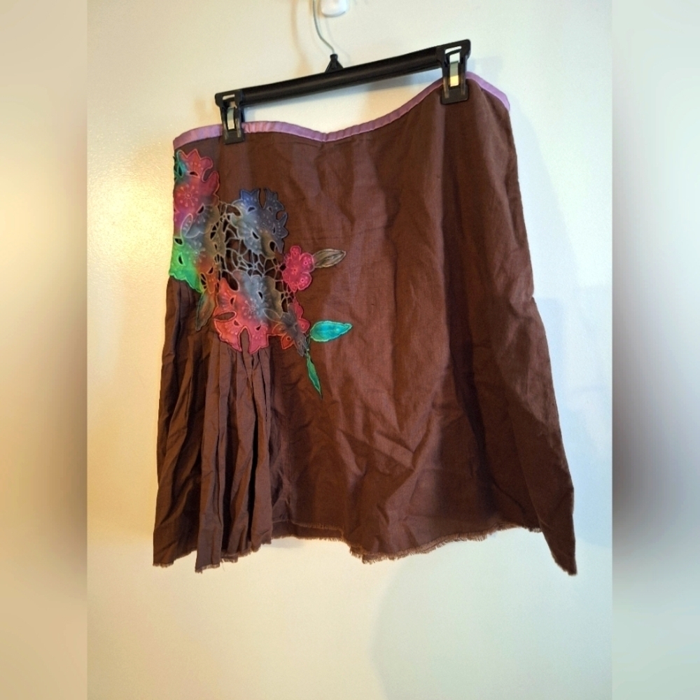 Free People Assymetrical Linen Embroidered Skirt